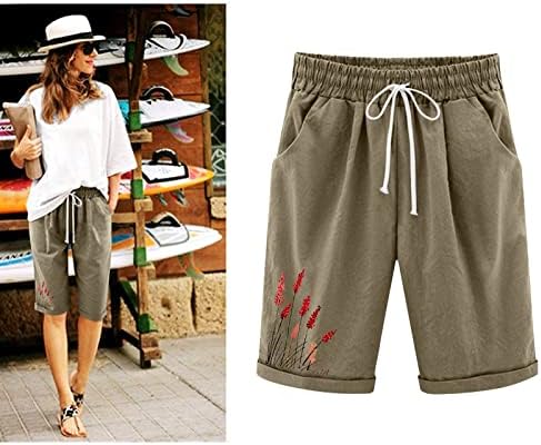 Шорцеви за жени обични летни памучни постелнини џемпери на колено должина на коленото мода за дишење кратки панталони со џебови