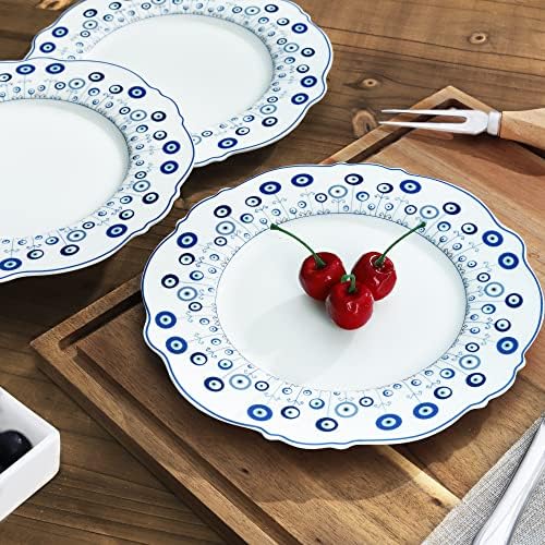 Fanquare Evil Eye Dessert чинии сет од 4, турски керамички плочи на сини очи, порцелански плочи Boho, микробранова безбедна салата плочи