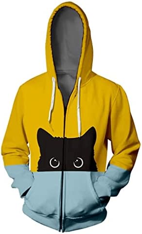 Overубовник мачка печатење худи хип хоп патент во боја запечатена долга ракав блуза палто бучен плетен џемпер