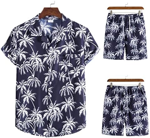 GPPZM летен машки хавајски кошула постави кратки ракави печатено лежерно копче надолу со кошула од шорцеви од плажа 2 парчиња костум