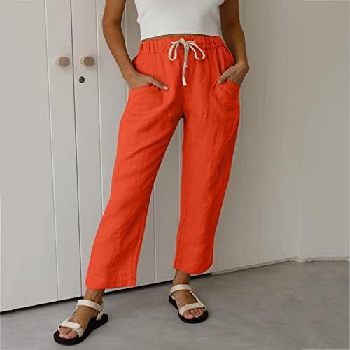 Женски памучни постелнини панталони со високи половини за лабава лабава вклопени обични панталони со џебови лето истегнување на каприс за жени