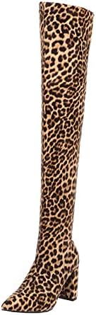 Women'sенските чизми за пета со плетена пета, се тенки чизми за печатење на леопард над коленото долги чизми