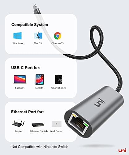 Uni USB-C до адаптер за етернет, 2,5 Gigabit Network Adapter [Thunderbolt 4/3 компатибилен], USB 4 до адаптер 2.5Gbps, за MacBook Pro