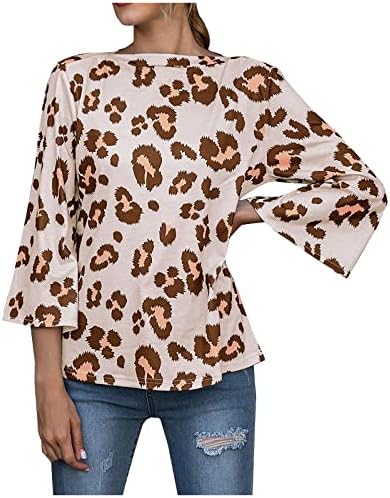 Wenini женски врвови летни маички - женска кошула леопард печати трубач ракав екипаж на вратот на вратот на врвот на блузата за жени