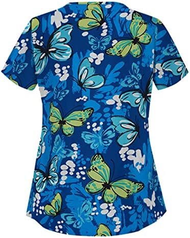 Женски летни чистачи на вратот мода печатени блузи со кратки ракави со џебови со џебови