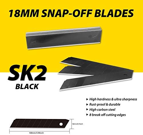 Нож за комунални услуги XW Snap-Off, 18мм Razor Brazor Brazer Aluminum Aluminum Aluminum Aluminum со заклучување, вкупно 12 црни сечила, 2-пакет