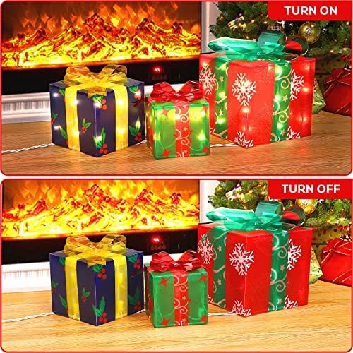 ThinkMax Божиќни украси на отворено Божиќни украси 3 пакувања осветлени кутии за подароци украси за дома, затворен, отворен, двор, тревник