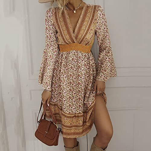 Boho фустан за жени цветни печати против вратот со долг ракав фустан гроздобер случајна ручана миди фустан трендовски лабави