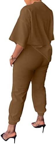 Elainoneенски женски две парчиња облека за кратки ракави за кратки ракави лабави врвови искинаа долги панталони со џебови џогерни комплети