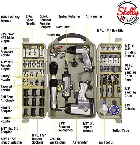 Комплет за чекан за лаборатории Skelly Lab | Крајниот комплет за воздушни алатки 71 парчиња и додатоци | Тешка рамка, длето,
