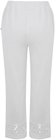 Женски обични постелнини панталони права нога цветни печати џебови пижами панталони широки нозе еластични половини исечени панталони