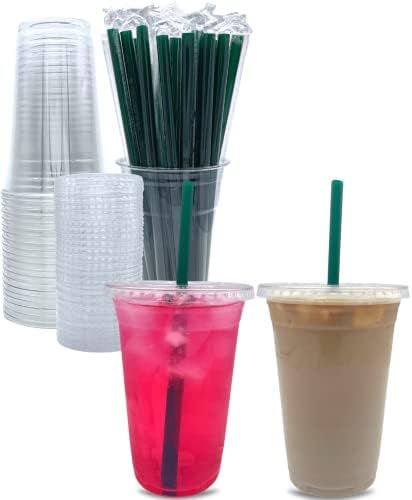 Aatriet 20 мл чисти пластични чаши со капаци и сламки, чаши за еднократна употреба за да заминат ладни кафе ладни пијалоци, пијалак, сок, парфит,