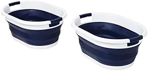 Медот може да направи сет од 2 корпи за перење гума со рачки, морнарица сина и бела HMP-09827 морнарица сина