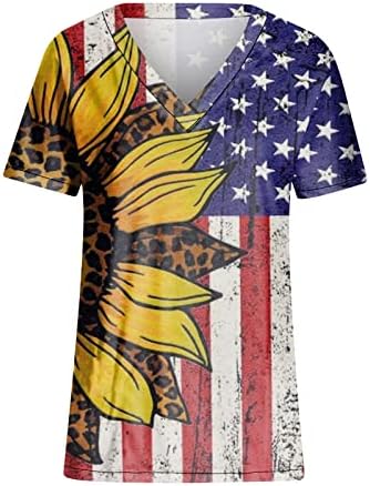 Oclun женски кошули со краток ракав плус големина 4 -ти јули патриотски печатен V вратот на вратот на вратот Обични блузи кошула удобни формални