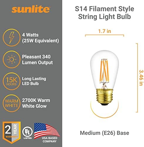 Sunlite 40322 LED S14 Стакло Филамент Стил Стринг Сијалица, 4 Вати , 340 Лумени, Средна Основа, Затемнување, UL Наведени, Висока 90 CRI, 2700k
