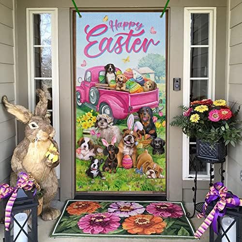 Дероро Среќни Велигденски кучиња Камион јајца од врата Декорации, Bunny Puppy Pickup Pickup Backer за влезна врата внатрешна декор