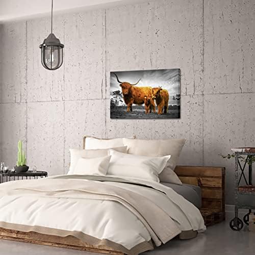 Yeilnm Highland крави платно wallидни уметности слики од животни печати црно -бело кафеаво животно сликарство Хајленд говеда фотографија врамена