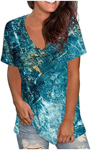 Модни Врвови За Боја За Вратоврска Блуза Дами Со Кратки Ракави Лабава Маица В-Врат Летна Маица 2023 Маици На Отворено