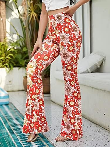 Kuqbmrsенски цветен принт на цвеќиња со високи еластични јога панталони bellвонче широки нозе одбледени панталони атлетски панталони