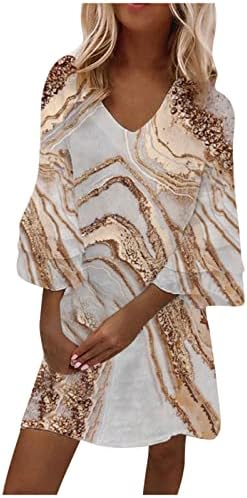 Нокмопо хавајски фустани за жени моден темперамент Елегантен печатен V-Neck 3/4 ракави мини фустан