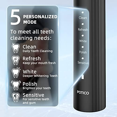 Potico Sonic електрична четка за заби за возрасни 8 четки глави паметен тајмер 5 режими ipx7 водоотпорна моќност за напојување на заби 1 полнење