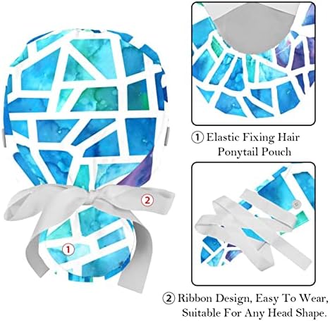 2 парчиња буфан капа со торбичка за конска опашка, памук за работа со памук, прилагодлив хируршки капачиња Триаголник Мозаико