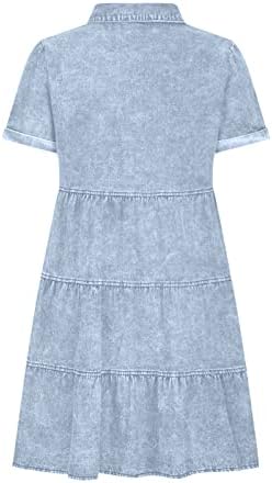 Женски Фустан За Лето 2023 Еднобојна Мода Секојдневен Пролетен И Летен Ревер Со Кратки Ракави Фустан До Колена
