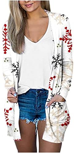 Женски преден отворен кардигански палто Божиќ печатено лабав лесен џеб со долги ракави, миди јакна блуза блуза врвови