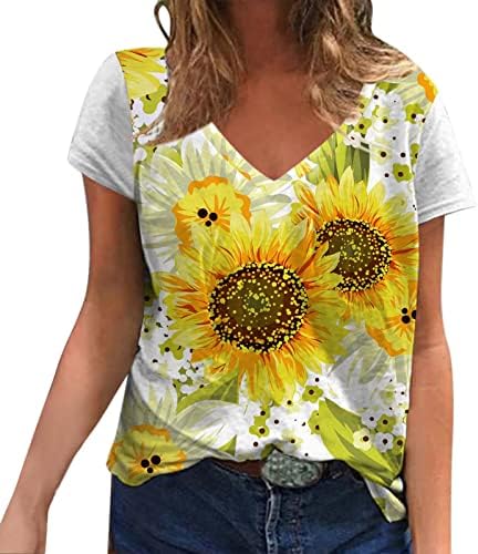 Технолошки истегнување жени лето врвот на вратот v врат лабава кратка ракав сончоглед цветна маица за печатење женска цврста кошула