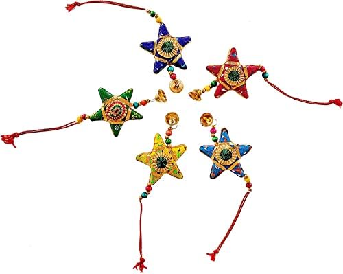 Фикимос Ѕвезда Бел И Полумесечина Виси Сет од 5 Насловна Божиќ Виси Партија Декоративни Орнаменти Мулти Обоени Индиски Традиционални