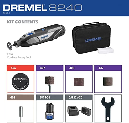 Dremel 8240 12V Безжичен Ротационен Алат Комплет Со Променлива Брзина И Удобност Зафат-Вклучува 2ah Батерија Пакет, Полнач, 5 Додатоци
