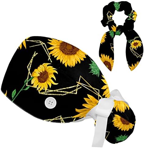Жолто сончогледово геометриско црно чистење капаче, прилагодлива вратоврска назад, една големина на главата за глава за жени долга коса