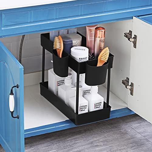 Икауфен под организатор и складирање на мијалник, Stackable 2 нивоа решетки за складирање на бања со 2 куки 2 чаши, мулти-употреба кујнски