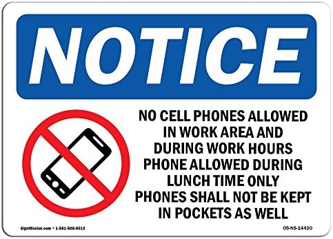 Знак за известување OSHA - Нема дозволени мобилни телефони во работата | Цврст пластичен знак | Заштитете ја вашата деловна активност,