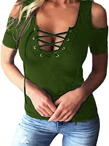 Andongnywell жени секси од рамото чипка на кратки ракави маица v вратот блуза предна маица Туники