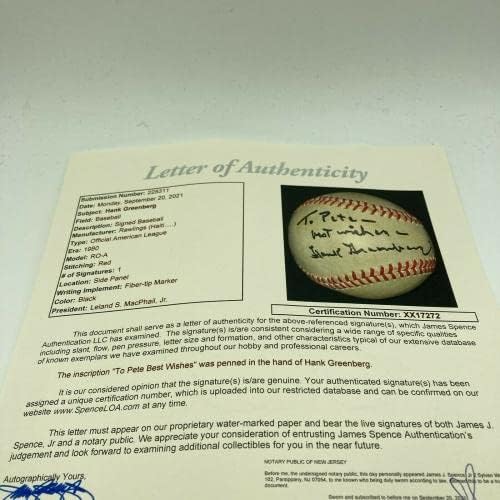 Хенк Гринберг Сингл Потпиша Гроздобер Бејзбол ОД Американската Лига ЈСА Коа-Автограмирани Бејзбол Топки
