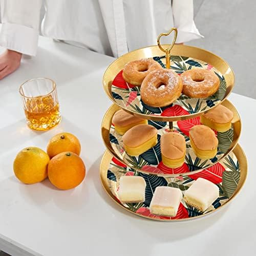 Dragonbtu 3 Tier Cupcake Stand со златна шипка пластична нивоа на десерт кула Тропски лист гроздобер овошје бонбони приказ за