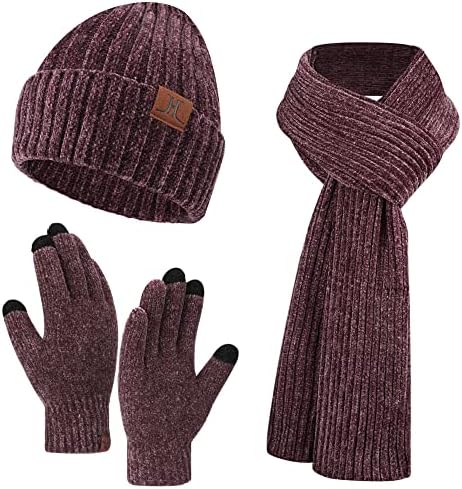 Женски зимски плетени топла капа Beanie+долга шал+ракавици на екран на допир Поставете череп капачиња на вратот за жени мажи за жени
