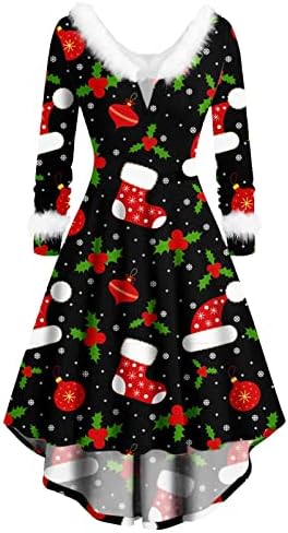 Christmasенски Божиќен долг ракав Миди фустан за замав коктел Божиќна забава А-линија фустани со појас