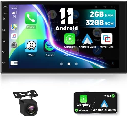Android 11 Двоен Din Автомобил Стерео Со Безжичен Apple Carplay И Android Auto, 7 Инчен Екран На Допир Автомобил Аудио Приемник Со Огледало Линк