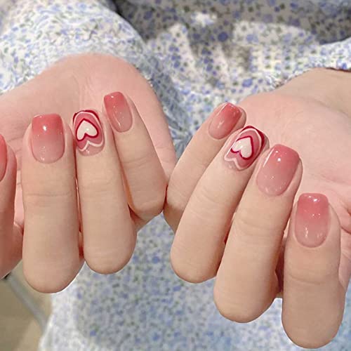 Денот на в Valentубените Француски печат на ноктите розови романтични лажни нокти Дизајн на акрилик целосна покривка на срцето лажни нокти