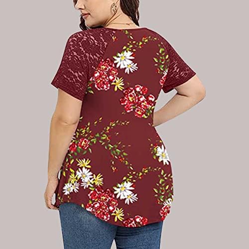 Плус големина летна маица за жени против вратот, избришана цветна печатена тунична врвови, облечени чипка кратки ракави блузи