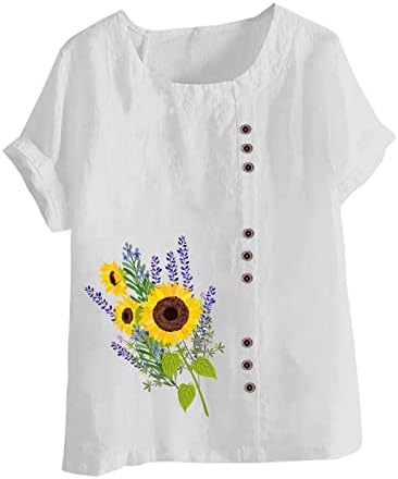 Летни жени памучни постелнини маички врвни трендовски цветни печати обични лабави вклопуваат тунични мангури дама плус големина копче