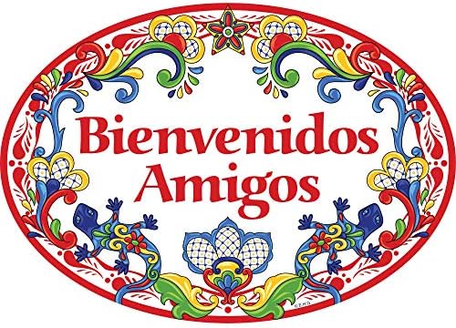 „Bienvenidos amigos“ Традиционални уметнички дела добредојде пријатели керамички 11x8 инчи шпански знак на влезната врата со црвен мотив на