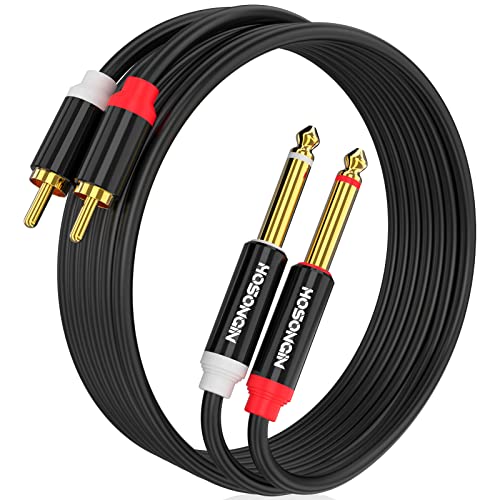 Hosongin Dual 1/4 инчи TS до 2 RCA машки стерео аудио кабел, ПВЦ јакна злато-позлатен додаток за двојно заштитен кабел, 6,6 стапки