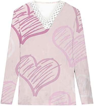 Маица за печатење на Денот на вineубените за жени фустано срце печатено 3/4 ракав Туника врвови трендовски капчиња чипка пулвер блуза