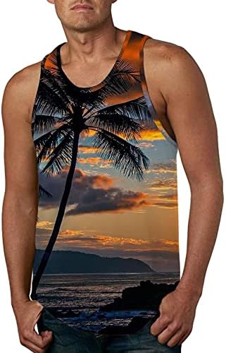 HDDK XZHDD MENS Beach Tops, летни тропски палми за печатење на палма, без ракави фитнес, случајна хавајска маица резервоар на врвот
