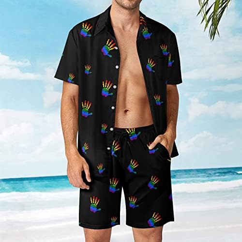 Weedkeycat lgbt рачно отпечаток гордост машка облека за плажа 2 парчиња Хавајско копче надолу со кошула Краток ракав и шорцеви