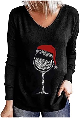 Среќен Божиќ Маици За Жени Долги Ракави Раглан Црвено Вино Стакло Графички Маици Блузи Секојдневен Тренинг V Вратот Блузи