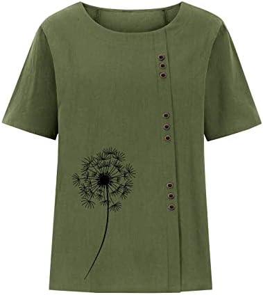 Женска памучна постелнина кошула глуварче преголема туника маичка екипаж вратот кратки ракави блузи врвови трендовски обични копчиња со копчиња